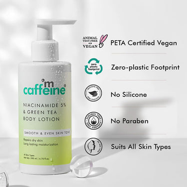 mCaffeine Deep Moisturizing Green Tea & 5% Niacinamide Serum Body Lotion | All Season Moisturizer for Body with Niacinamide Serum | Non-Sticky Body Lotion for Women & Men